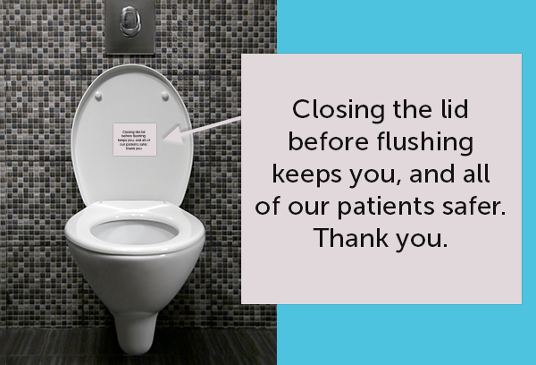 Sign on Toilet: Closing the Lid Before Flushing Keeps You Safer